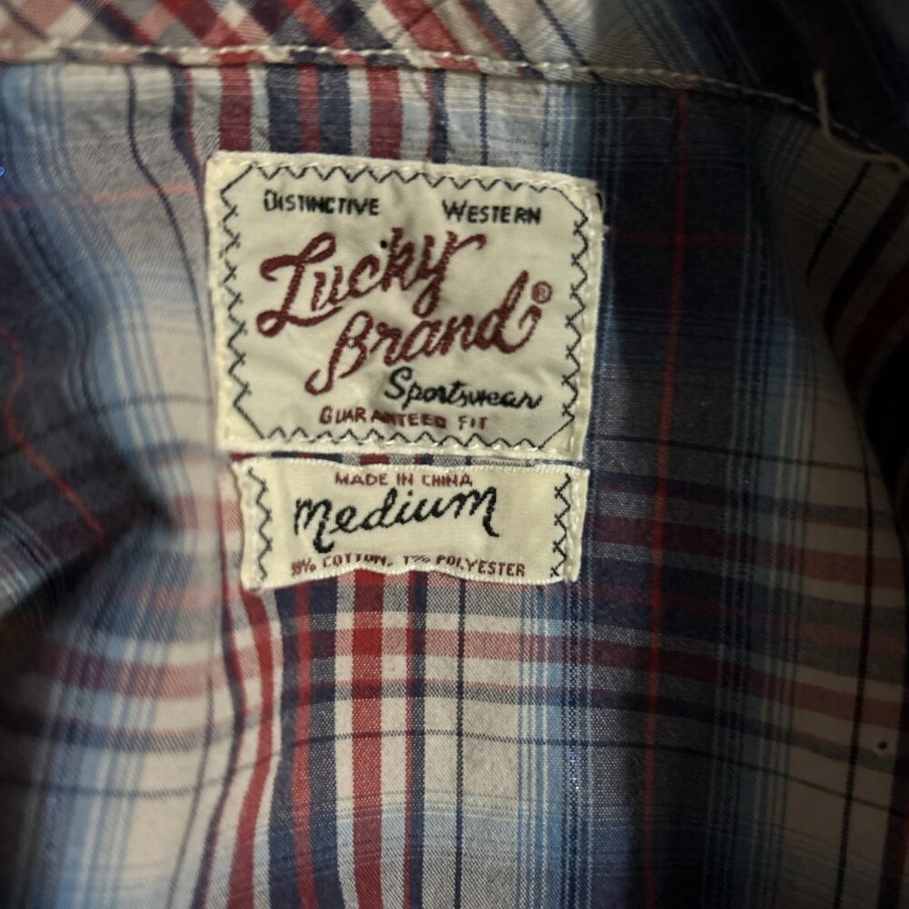 VTG Lucky Brand Western Shirt Womens M Cowgirl Pearl Snap Plaid Tiger Patch - Picture 15 of 16